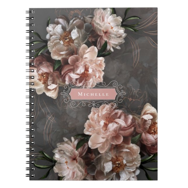 Moody Pink Flowers Vintage Swirls Elegant Custom Notebook (Front)