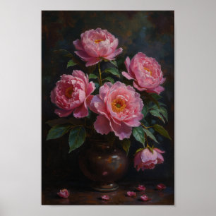 Moody Pink Peonies Vintage Floral Wall Art