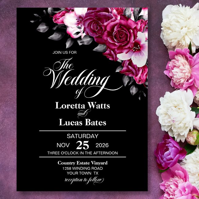 Moody Pink Rose Floral Black Wedding Invitation (Creator Uploaded)