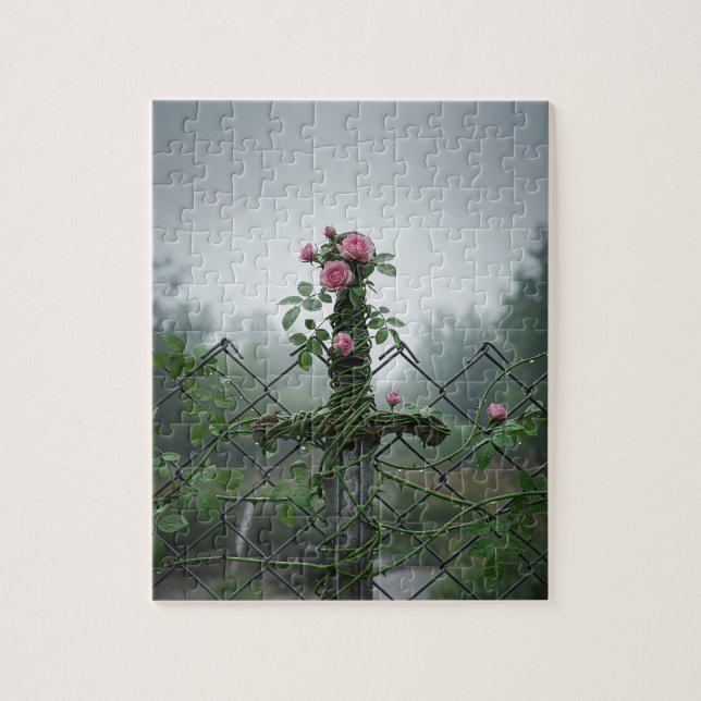 Moody Pink Rose on Chain Link Fence Photo Jigsaw Puzzle (Vertical)