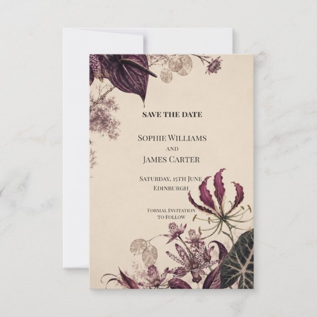 Moody Plum Botanical Collage Wedding Save The Date (Front)