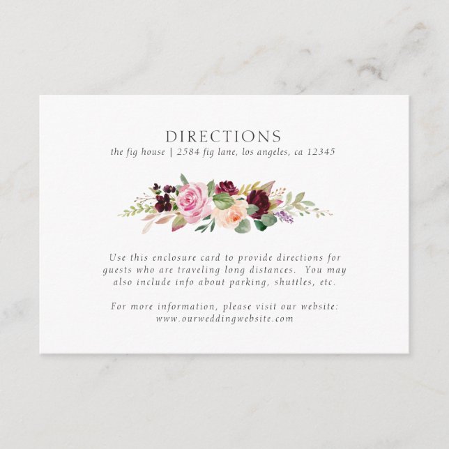 Moody Plum Floral Garland Wedding Directions Enclosure Card (Front)