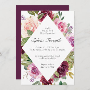 Moody Plum Floral Geometric Girl Baby Shower Invitation