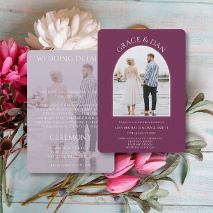 Moody Plum Modern Arch Photo Minimalist Wedding Invitation