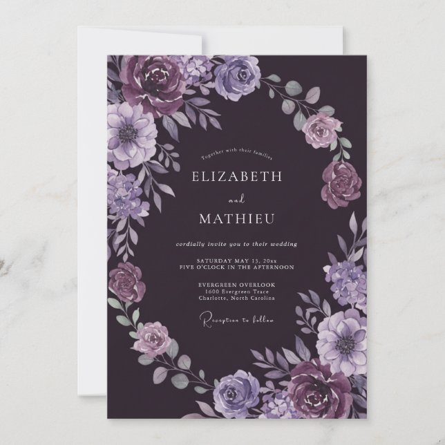 Moody Plum Petal Wedding Invitation (Front)