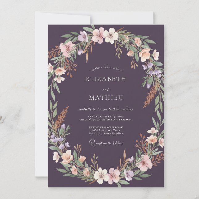 Moody Plum Wreath Wedding Invitation (Front)