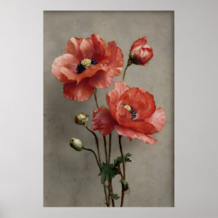 Moody Poppies Flower Print, Vintage Dark Academia Poster