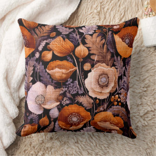 Moody poppies on black pattern cushion