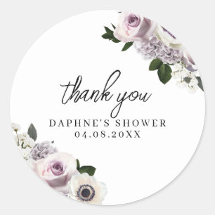 Moody Purple and White Floral Bridal Shower Classic Round Sticker
