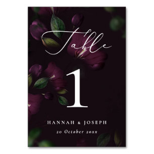 Moody Purple Bloom Gothic Calligraphy Wedding  Table Number