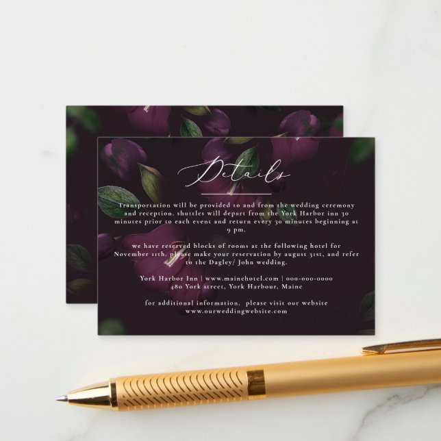 Moody Purple Bloom Grunge Wedding Enclosure Card (Front/Back In Situ)