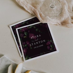 Moody Purple Blooms   Black Pattern Wedding Napkin