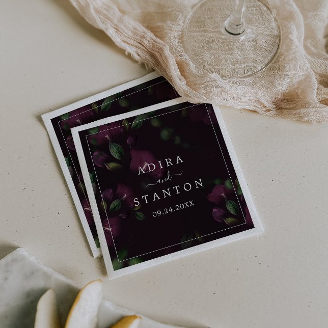 Moody Purple Blooms | Black Pattern Wedding Napkin (Creator Uploaded)