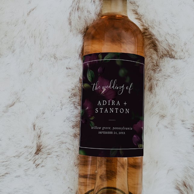 Moody Purple Blooms | Black Pattern Wedding Wine Label (Creator Uploaded)