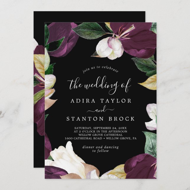 Moody Purple Blooms | Black The Wedding Of Invitation (Front/Back)