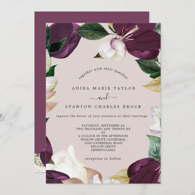 Moody Purple Blooms | Blush & Berry The Wedding Of Invitation (Front/Back)