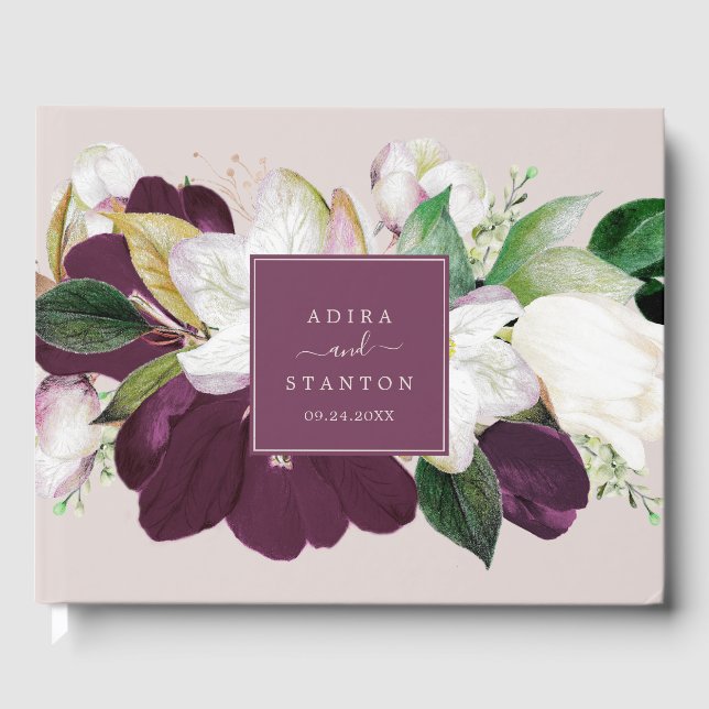 Moody Purple Blooms | Blush & Berry Wedding Guest Book (Front)