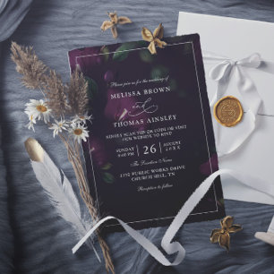 Moody Purple Blooms Budget QR Code Wedding Invitation