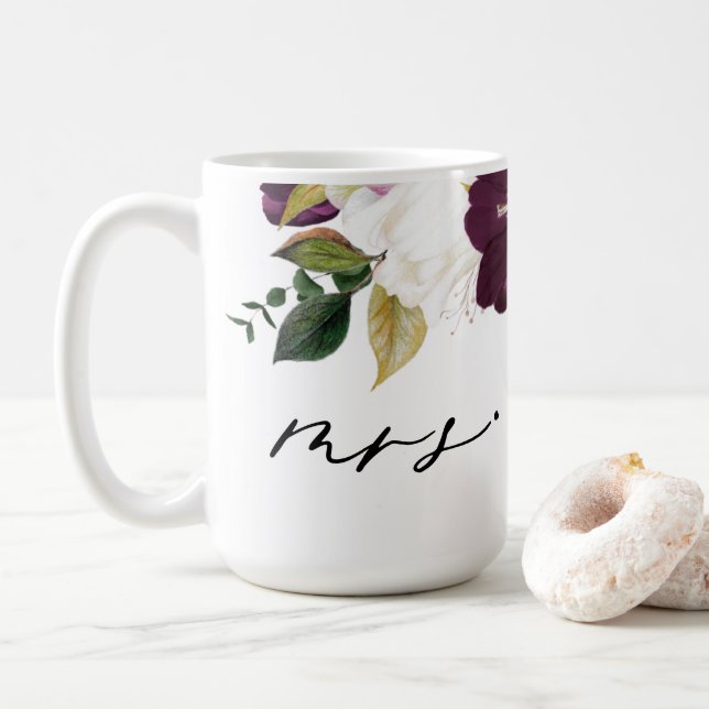 Moody Purple Blooms Calligraphy Mrs wedding day Coffee Mug (With Donut)
