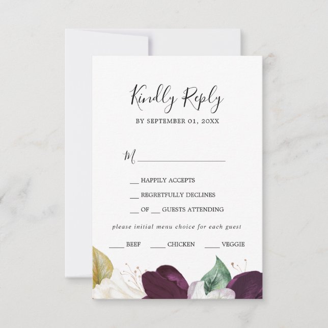 Moody Purple Blooms Menu Choice RSVP Card (Front)