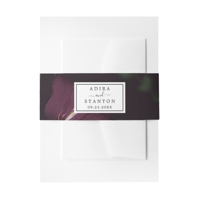 Moody Purple Blooms Pattern Wedding Invitation Belly Band (Front Example)