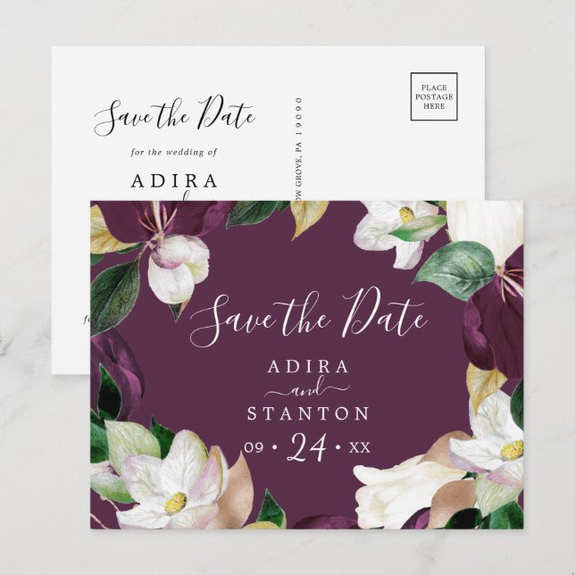 Moody Purple Blooms | Plum Save the Date Postcard (Front/Back)