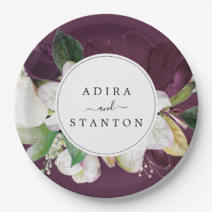 Moody Purple Blooms   Plum Wedding Cake Paper Plate