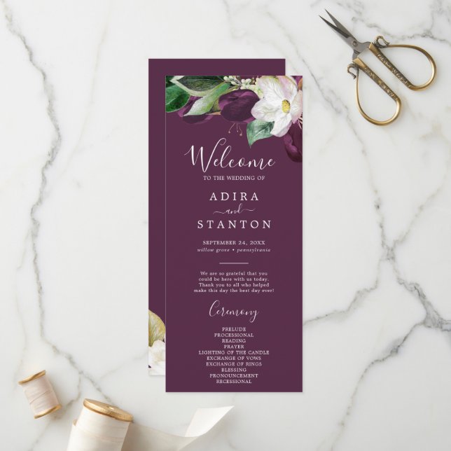 Moody Purple Blooms | Plum Wedding Program (Front/Back In Situ)