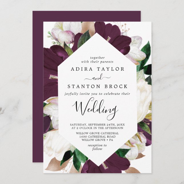 Moody Purple Blooms Wedding Invitation (Front/Back)