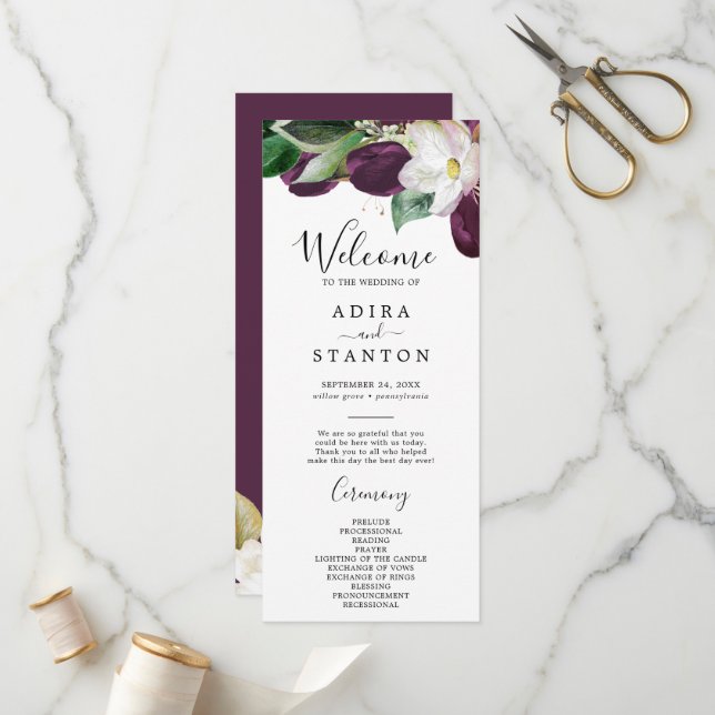 Moody Purple Blooms Wedding Program (Front/Back In Situ)