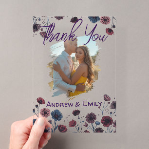 Moody Purple &Blue Floral Wedding Thank You Card Acrylic Invitations
