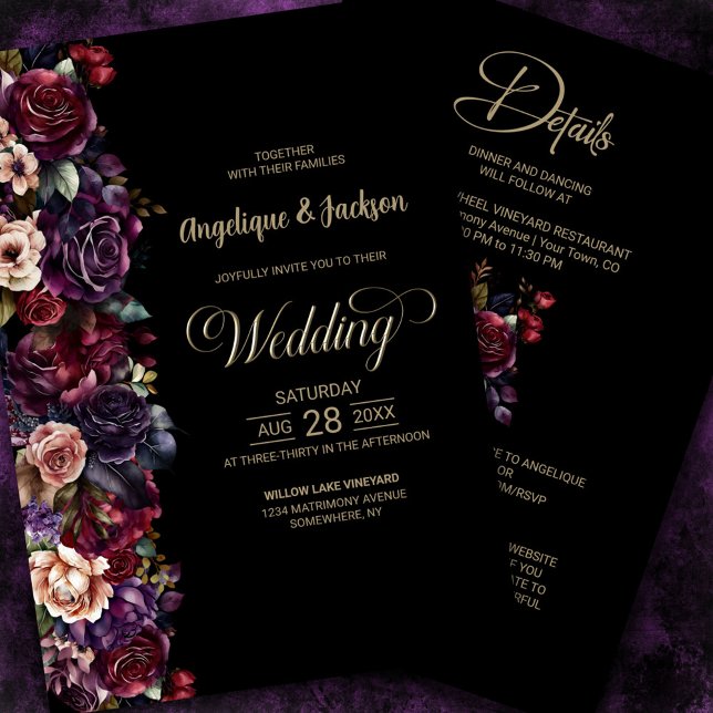 Moody Purple Burgundy All In One Floral Wedding Invitation (Creator Uploaded)