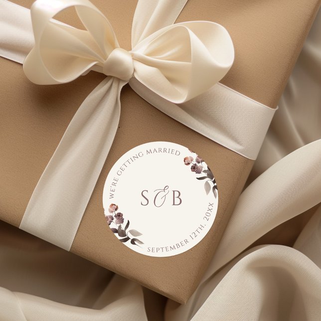 Moody Purple Floral Round Wedding Sticker Initials (Creator Uploaded)