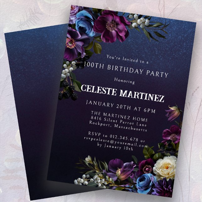 Moody Purple Flowers 100th Birthday Invitation (Creator Uploaded)