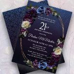 Moody Purple Flowers 21st Birthday Party Invitation<br><div class="desc">Sophisticated and moody dark purple roses and wildflowers create a chic floral design. Pops of white and blue add visual interest and depth. Berries and fruit add to the sultry design. Together, they decorate an elegant multi-strand oval gold frame. The invitation back has a subtle geometric vintage pattern. This 21st...</div>