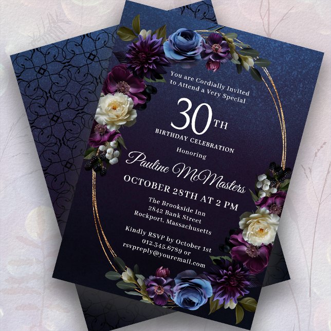 Moody Purple Flowers 30th Birthday Party Invitation (Creator Uploaded)