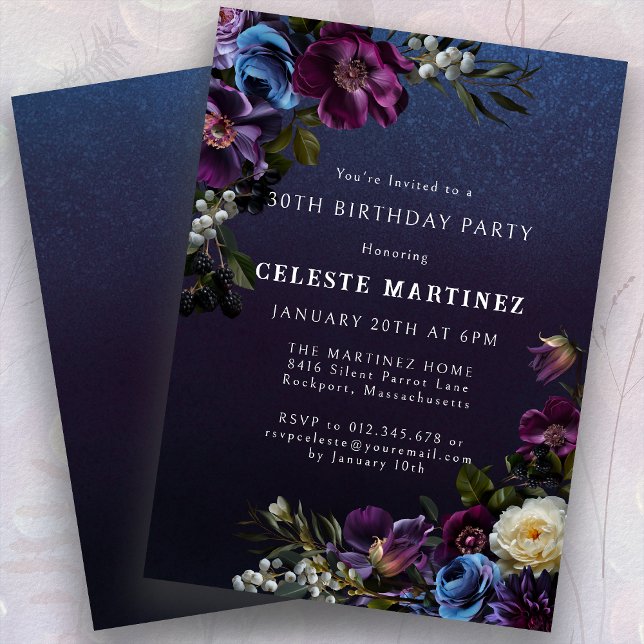 Moody Purple Flowers 30th Birthday Party Invitation (Creator Uploaded)