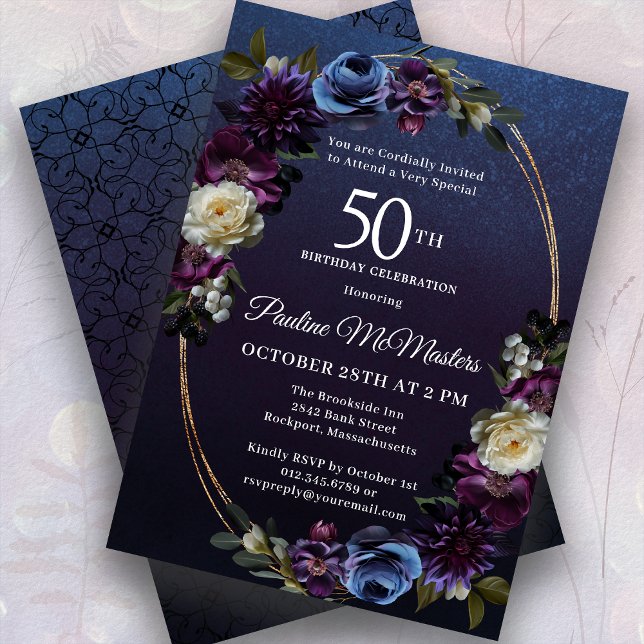 Moody Purple Flowers 50th Birthday Party Invitation (Creator Uploaded)