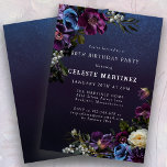 Moody Purple Flowers 80th Birthday Party Invitation<br><div class="desc">Deep purple flowers with pops of white and blue create a moody winter palette. They are nestled in dark green and black foliage. The dark blue watercolor background gives it a gothic vibe and frames the flowers perfectly. It also makes the white text pop. This 80th birthday invitation is downloadable...</div>