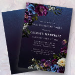 Moody Purple Flowers 90th Birthday Party Invitation<br><div class="desc">Deep purple flowers with pops of white and blue create a moody winter palette. They are nestled in dark green and black foliage. The dark blue watercolor background gives it a gothic vibe and frames the flowers perfectly. It also makes the white text pop. This 90th birthday invitation is downloadable...</div>