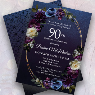 Moody Purple Flowers 90th Birthday Party Invitation