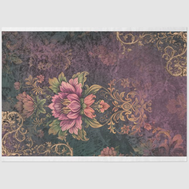 Moody Purple & Green Pattern & Flower decoupage Tissue Paper (Front)