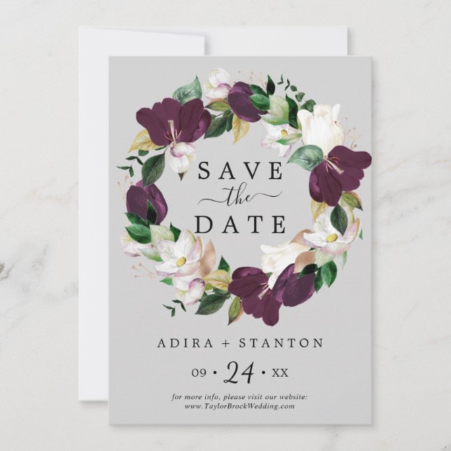 Moody Purple Grey Save the Date Announcement Card (Front)