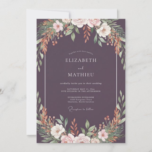 Moody Purple Leaf Wedding Invitation (Front)