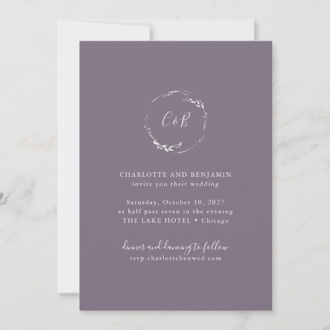 Moody Purple Plum Monogram Floral Script Wedding Invitation (Front)
