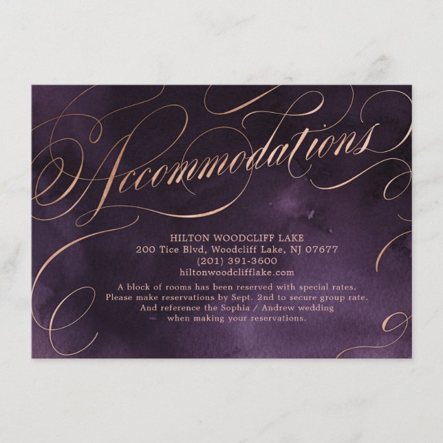 Moody purple rose gold calligraphy accommodation enclosure card (Front)