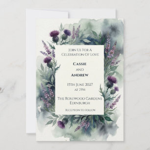 Moody Purple Thistle Heather Watercolour Wedding Invitation