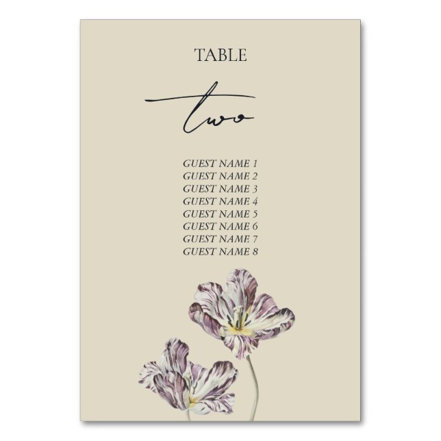 Moody Purple Tulips Wedding Table Number (Front)