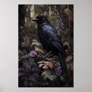 Moody Raven In Floral Forest Print, Dark Academia Poster