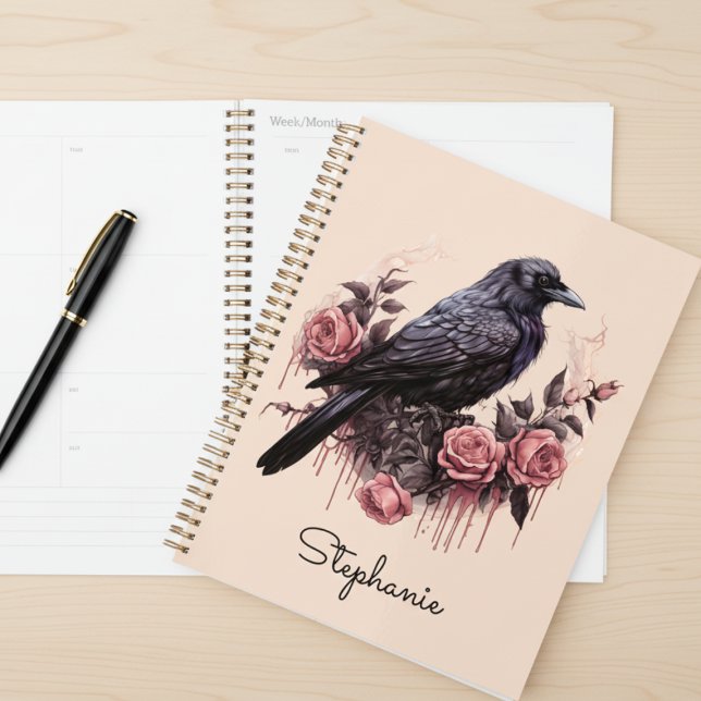 Moody Raven Rose Floral Dark Academic Planner (Beautiful rose with raven daily planner)